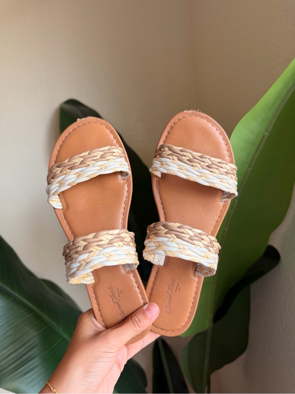 Universal Thread Tan Slide Sandals with Braided Cream Straps